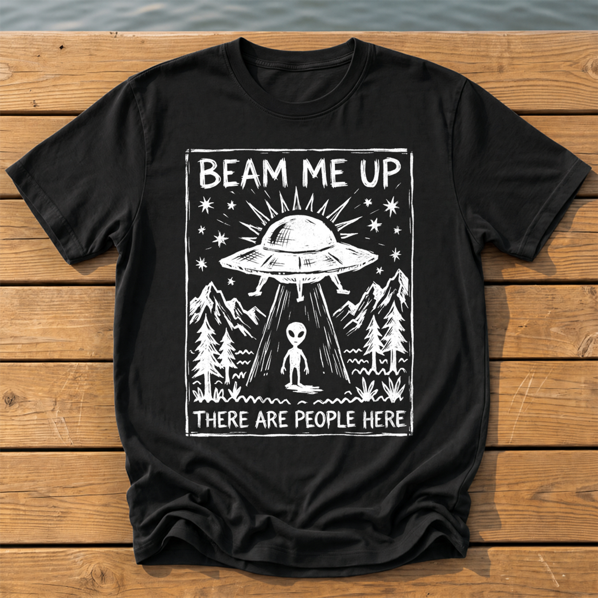 beam me up there are people here_rough brush linocut T-Shirt — Black