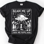 Beam Me Up, There Are People Here (Linocut) T-Shirt — Black