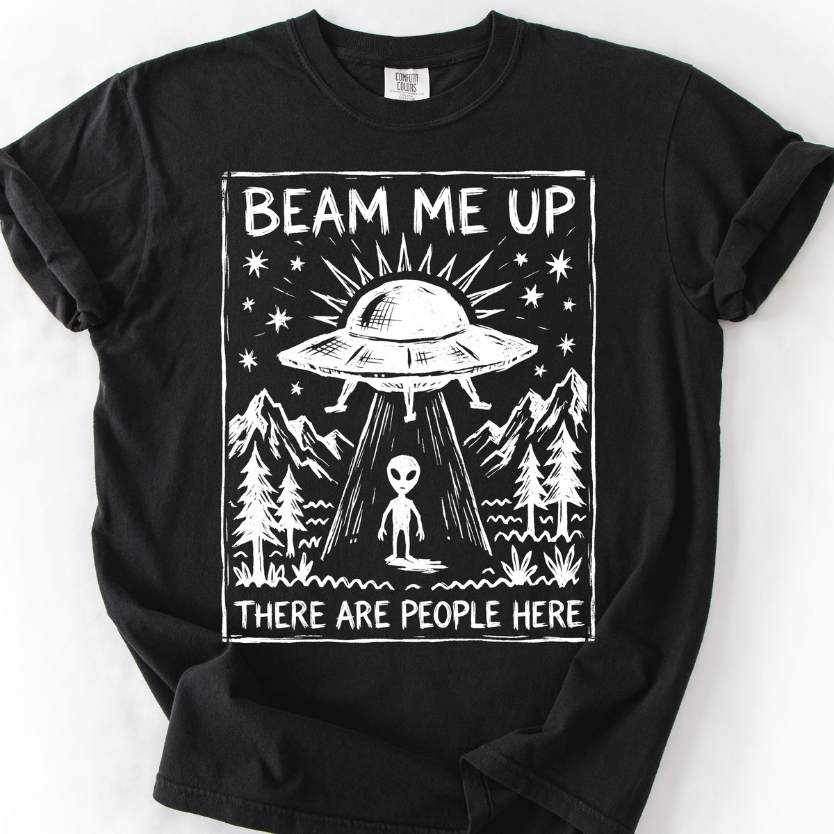 Beam Me Up, There Are People Here (Linocut) T-Shirt — Black