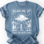 Beam Me Up, There Are People Here (Linocut) T-Shirt — Blue Jean