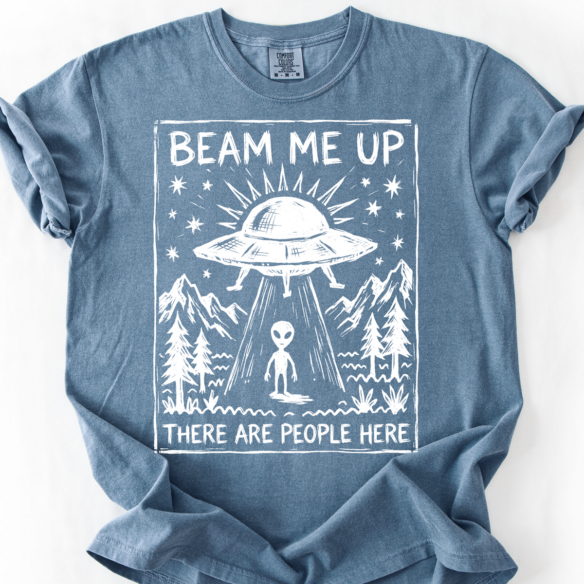 Beam Me Up, There Are People Here (Linocut) T-Shirt — Blue Jean