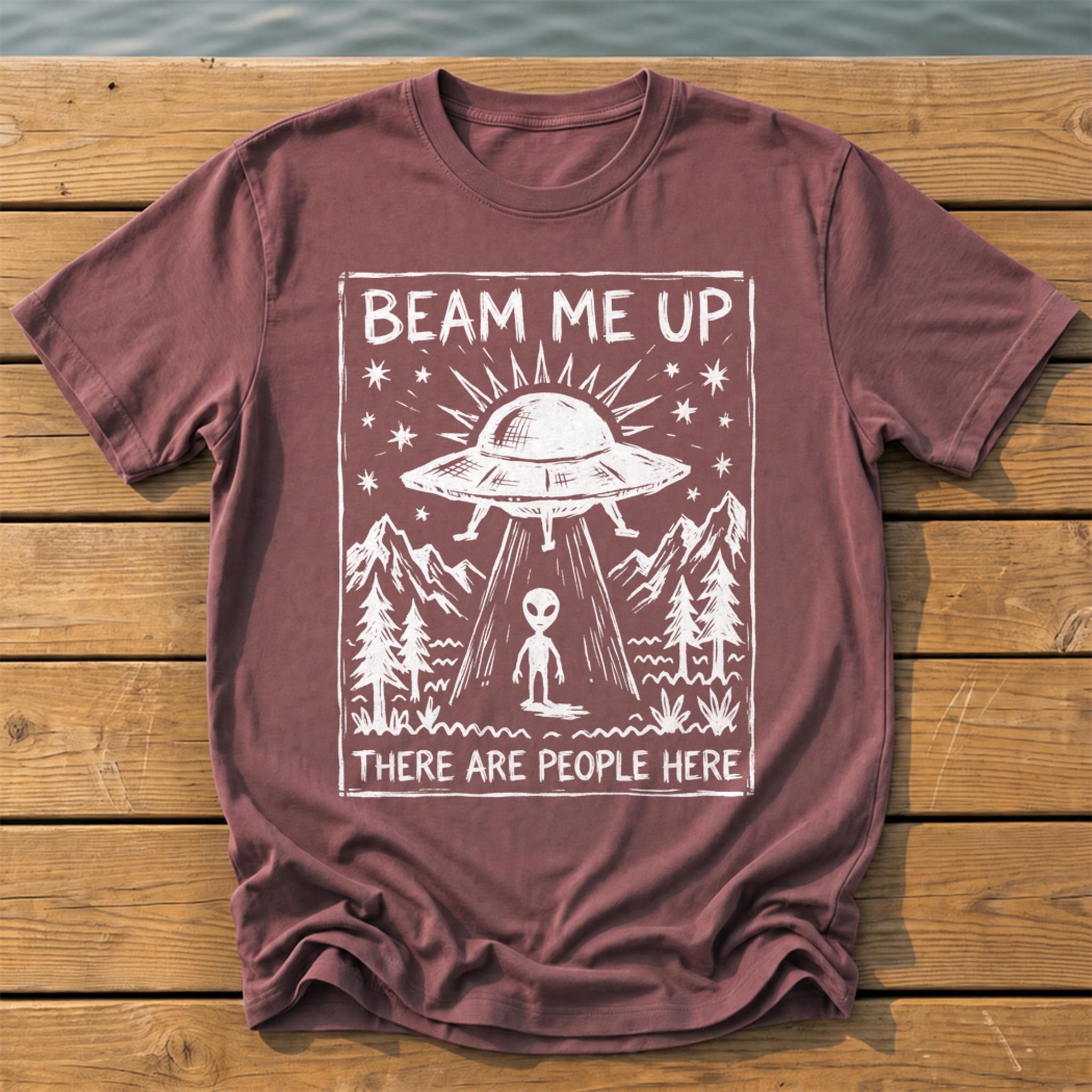 beam me up there are people here_rough brush linocut T-Shirt — Brick