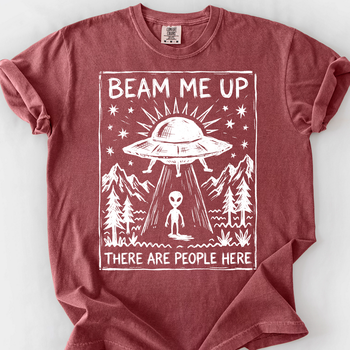 Beam Me Up, There Are People Here (Linocut) T-Shirt — Brick