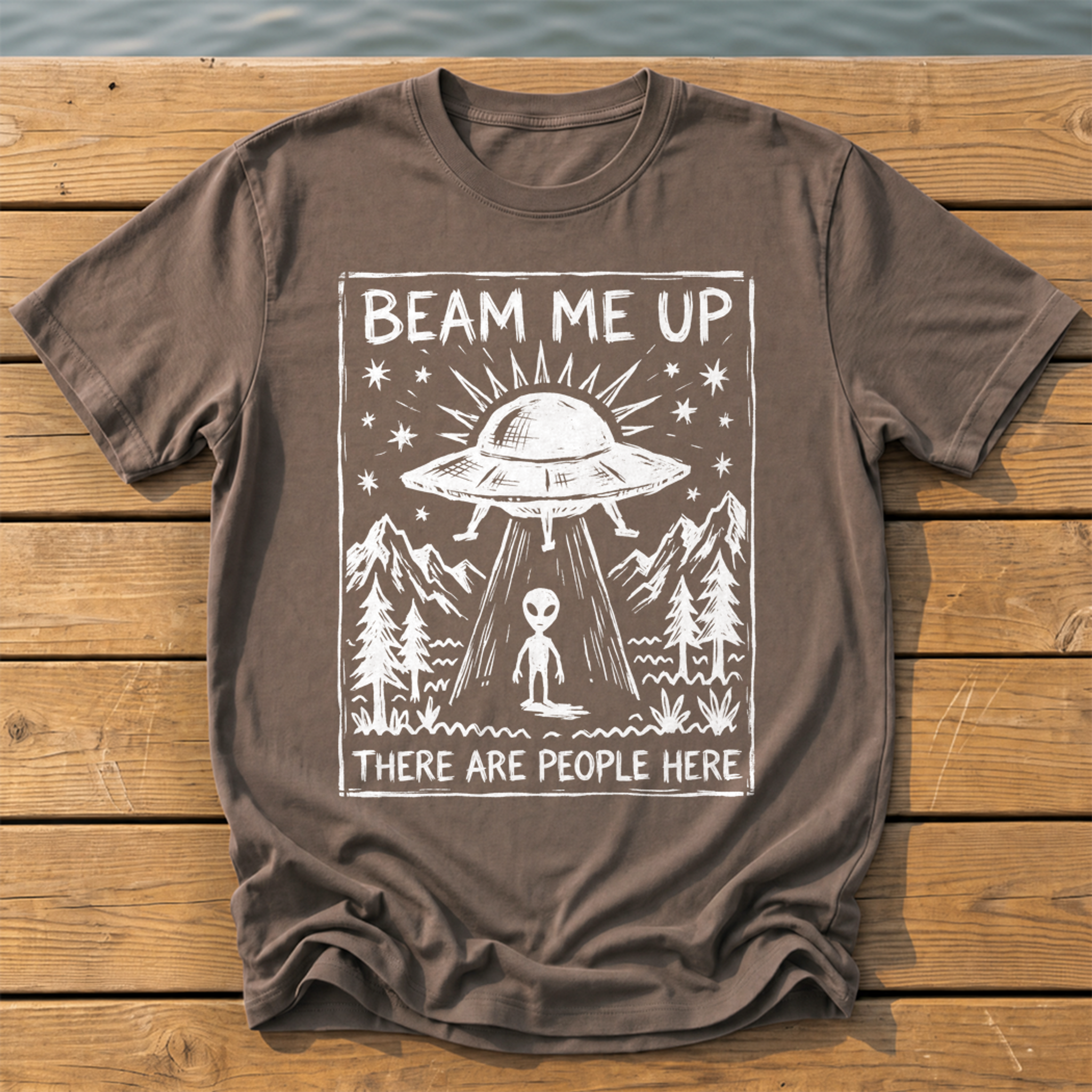 beam me up there are people here_rough brush linocut T-Shirt — Espresso