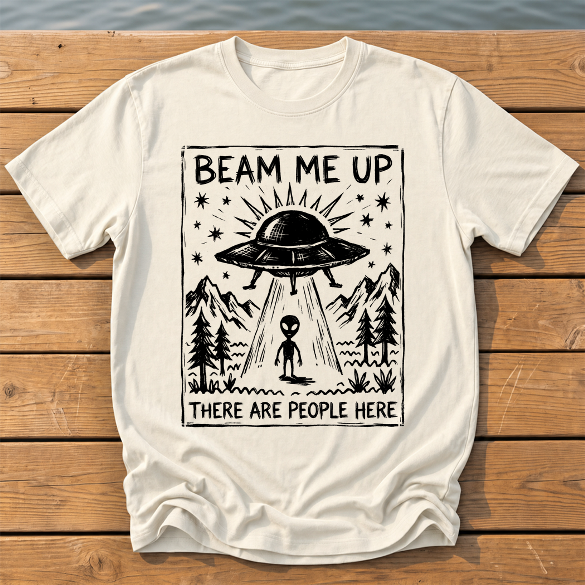 beam me up there are people here_rough brush linocut T-Shirt — Ivory
