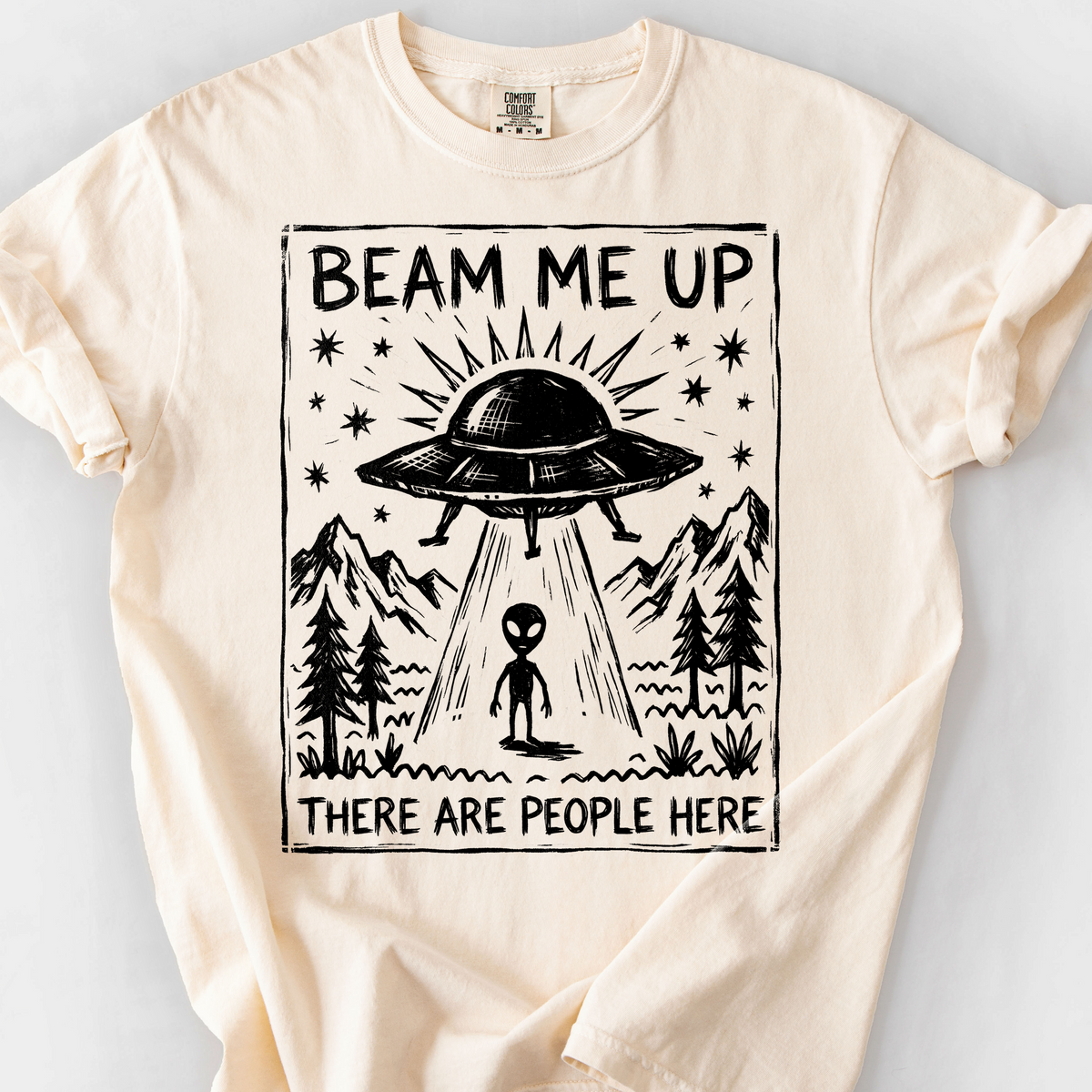 Beam Me Up, There Are People Here (Linocut) T-Shirt — Ivory