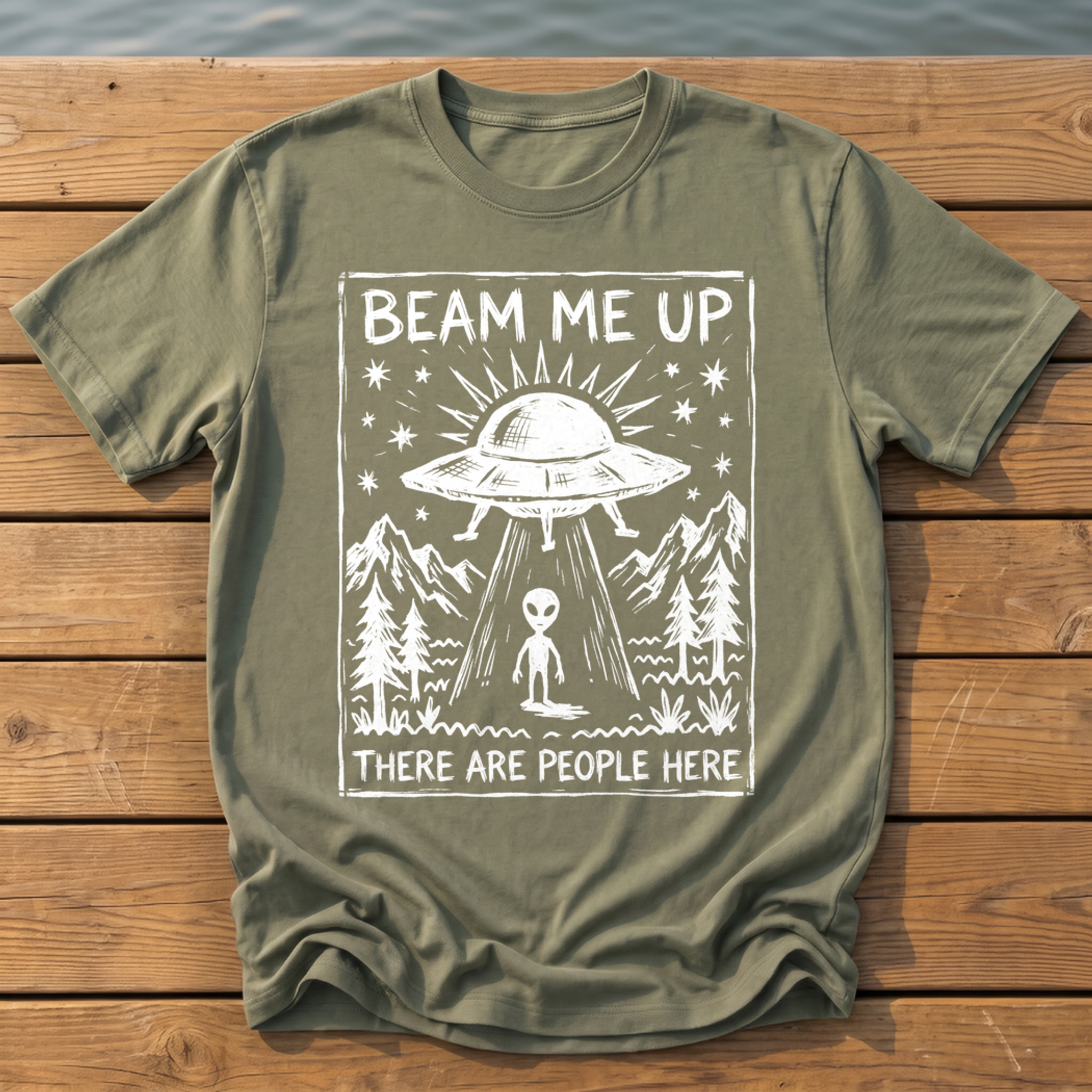 beam me up there are people here_rough brush linocut T-Shirt — Moss