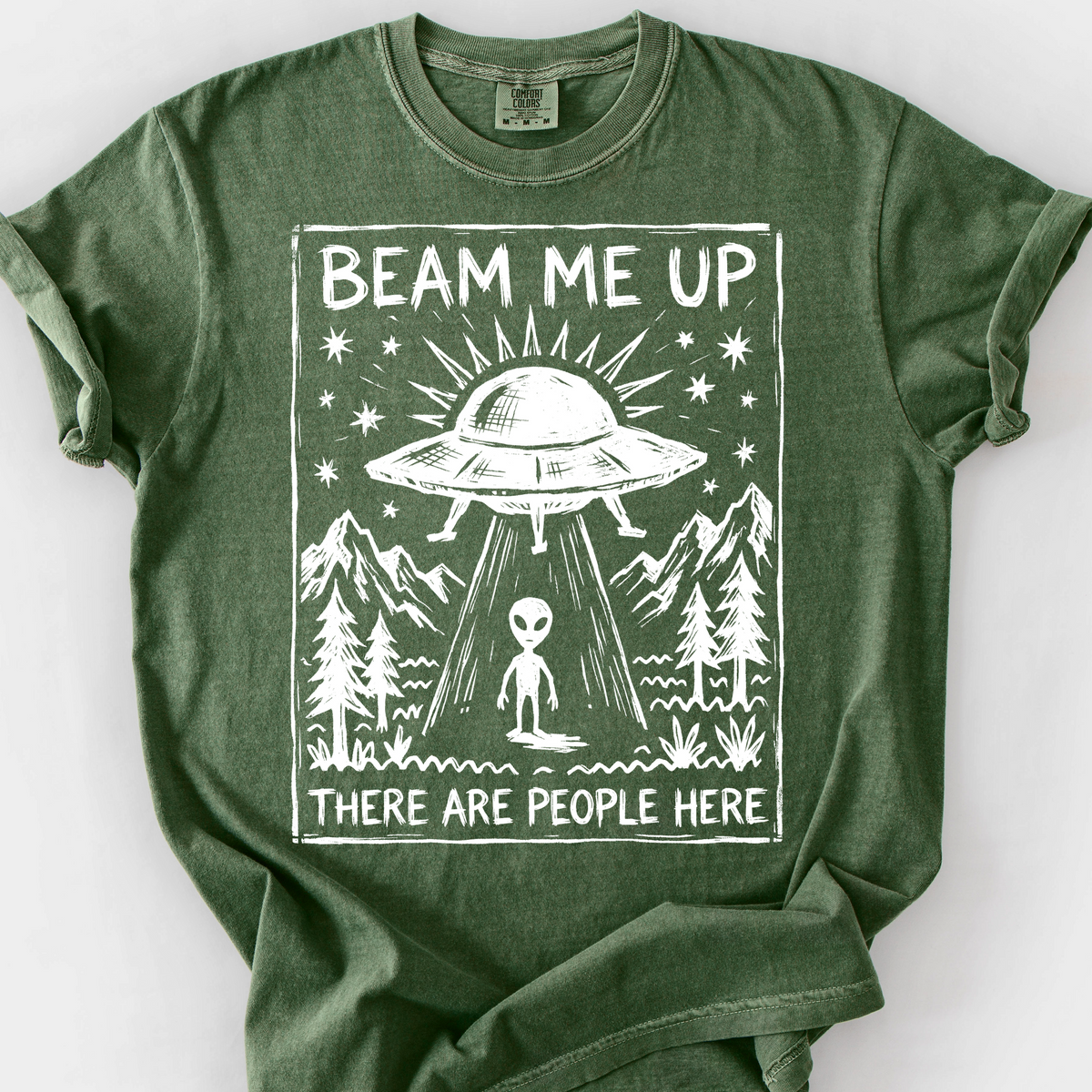 Beam Me Up, There Are People Here (Linocut) T-Shirt — Moss