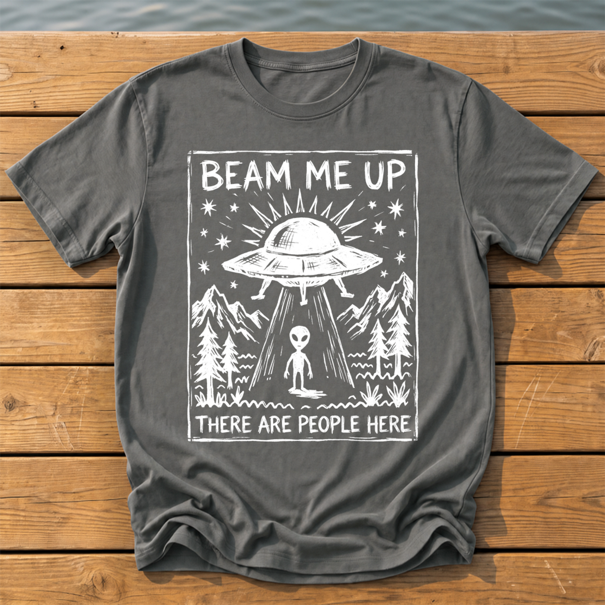beam me up there are people here_rough brush linocut T-Shirt — Pepper