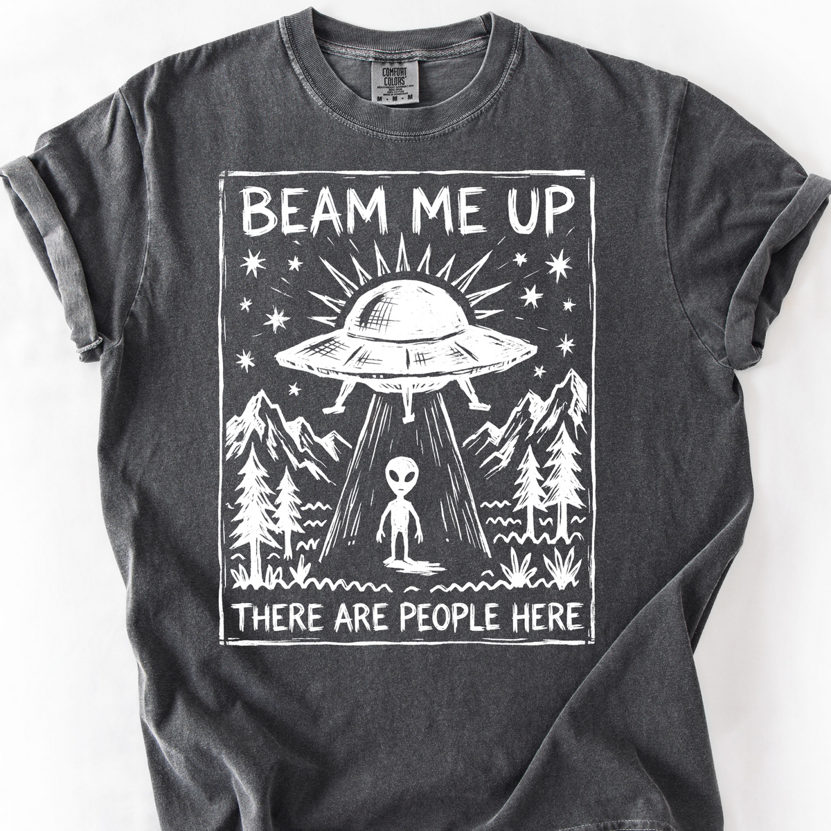 Beam Me Up, There Are People Here (Linocut) T-Shirt — Pepper