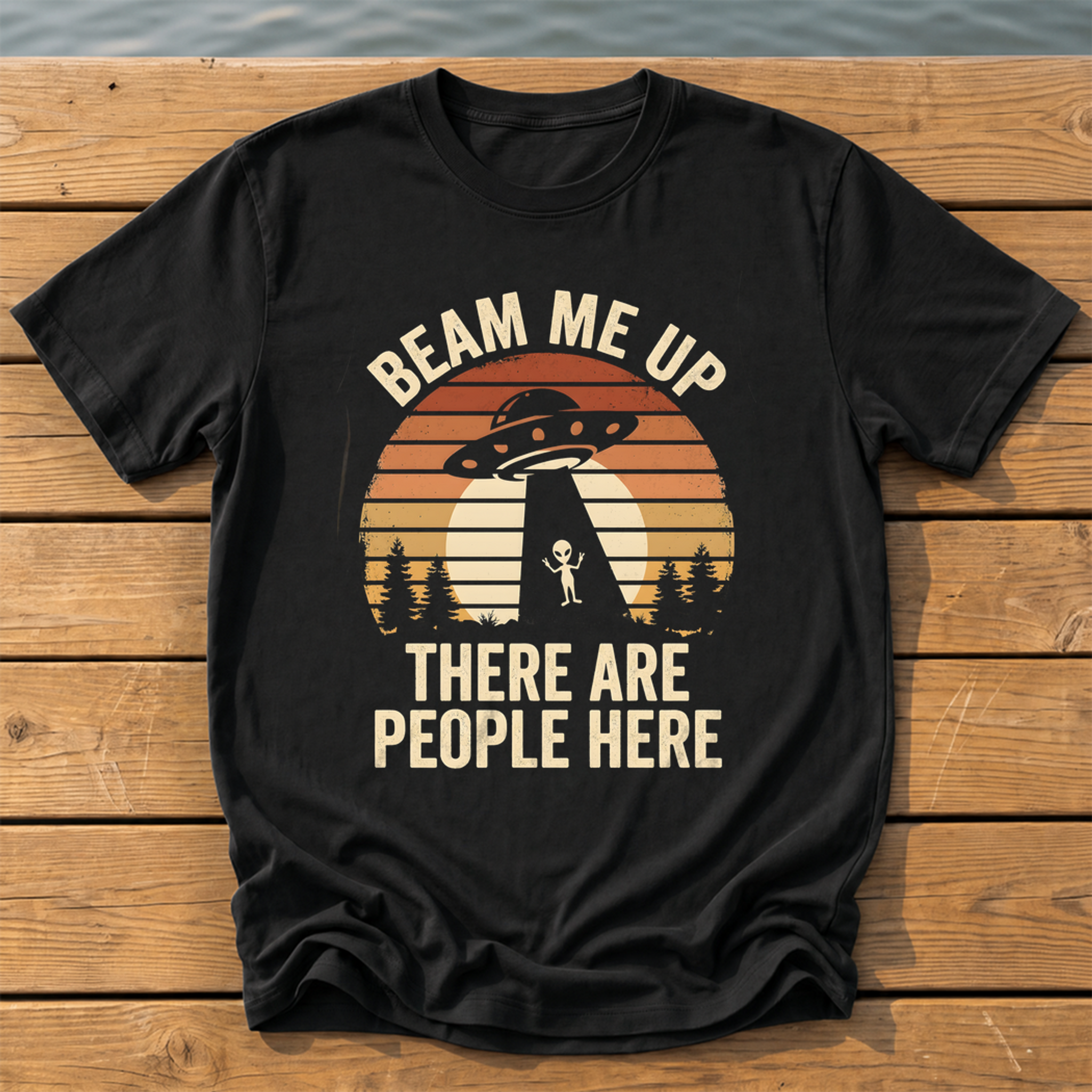 beam me up there are people here_sunset slat silhouette T-Shirt — Black