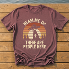 beam me up there are people here_sunset slat silhouette T-Shirt — Brick