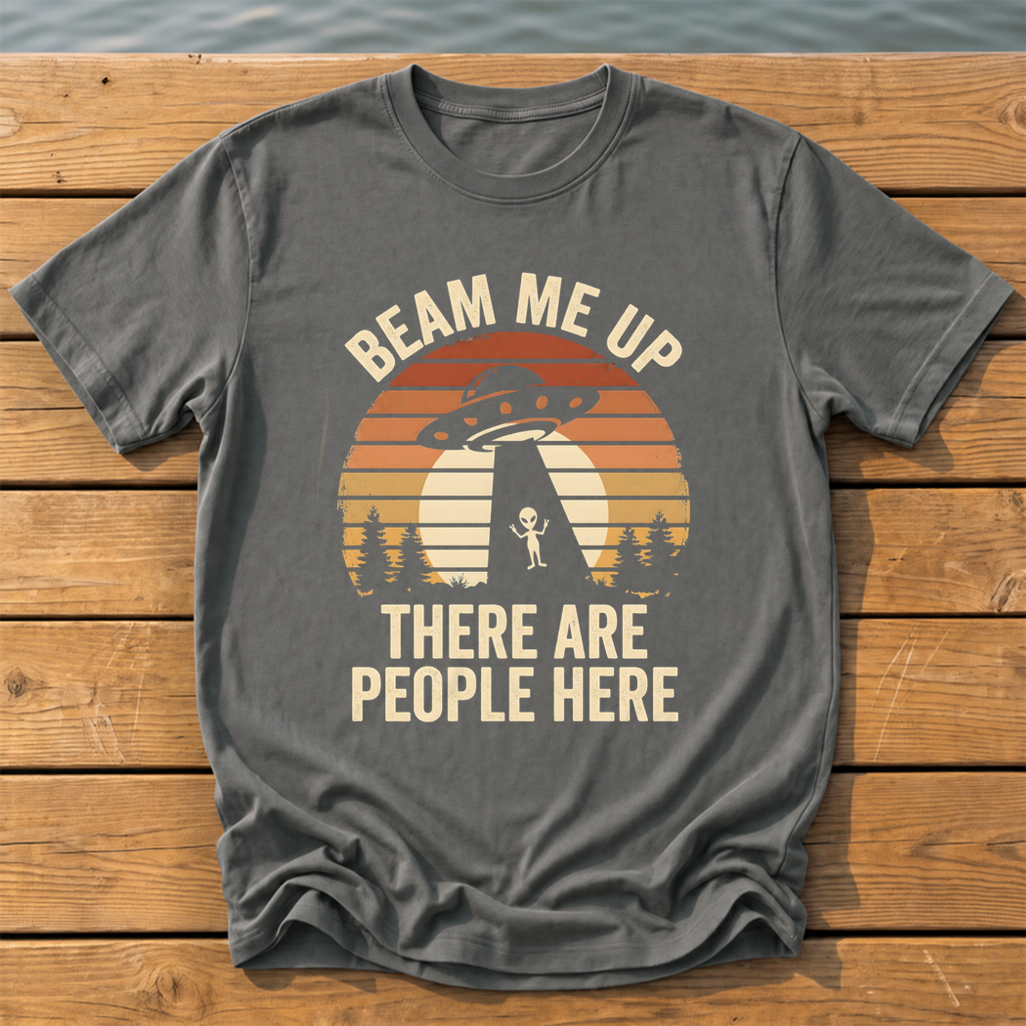 beam me up there are people here_sunset slat silhouette T-Shirt — Pepper