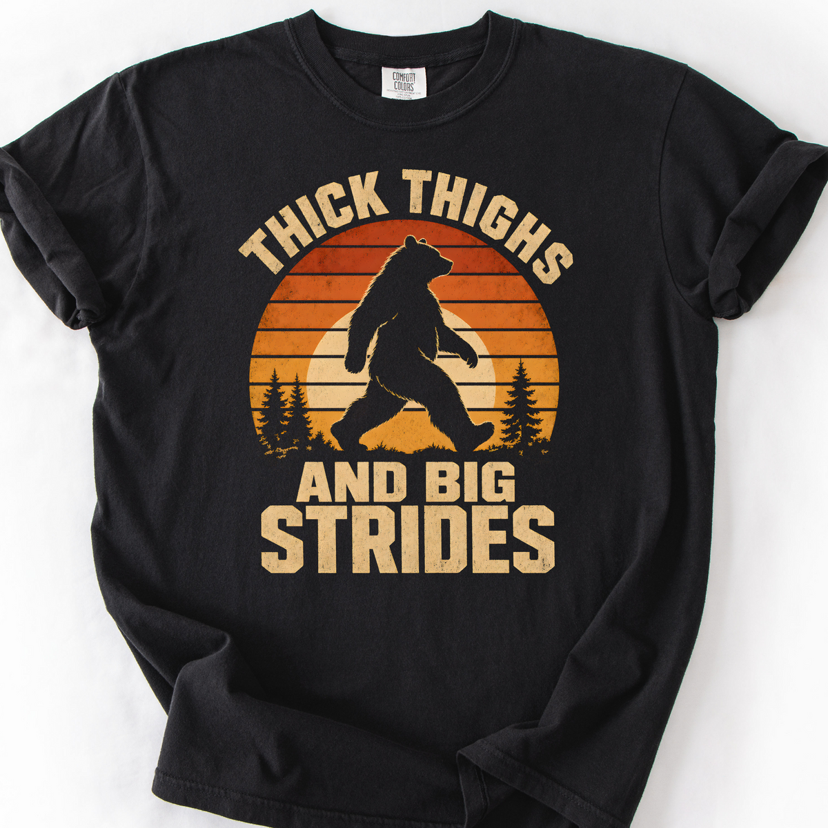 Thick Thighs and Big Strides (Sunset) T-Shirt — Black