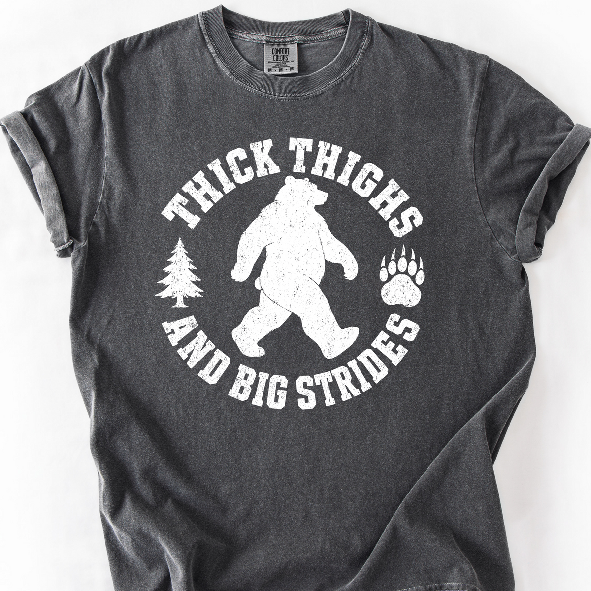 Thick Thighs and Big Strides (Varsity) T-Shirt — Pepper