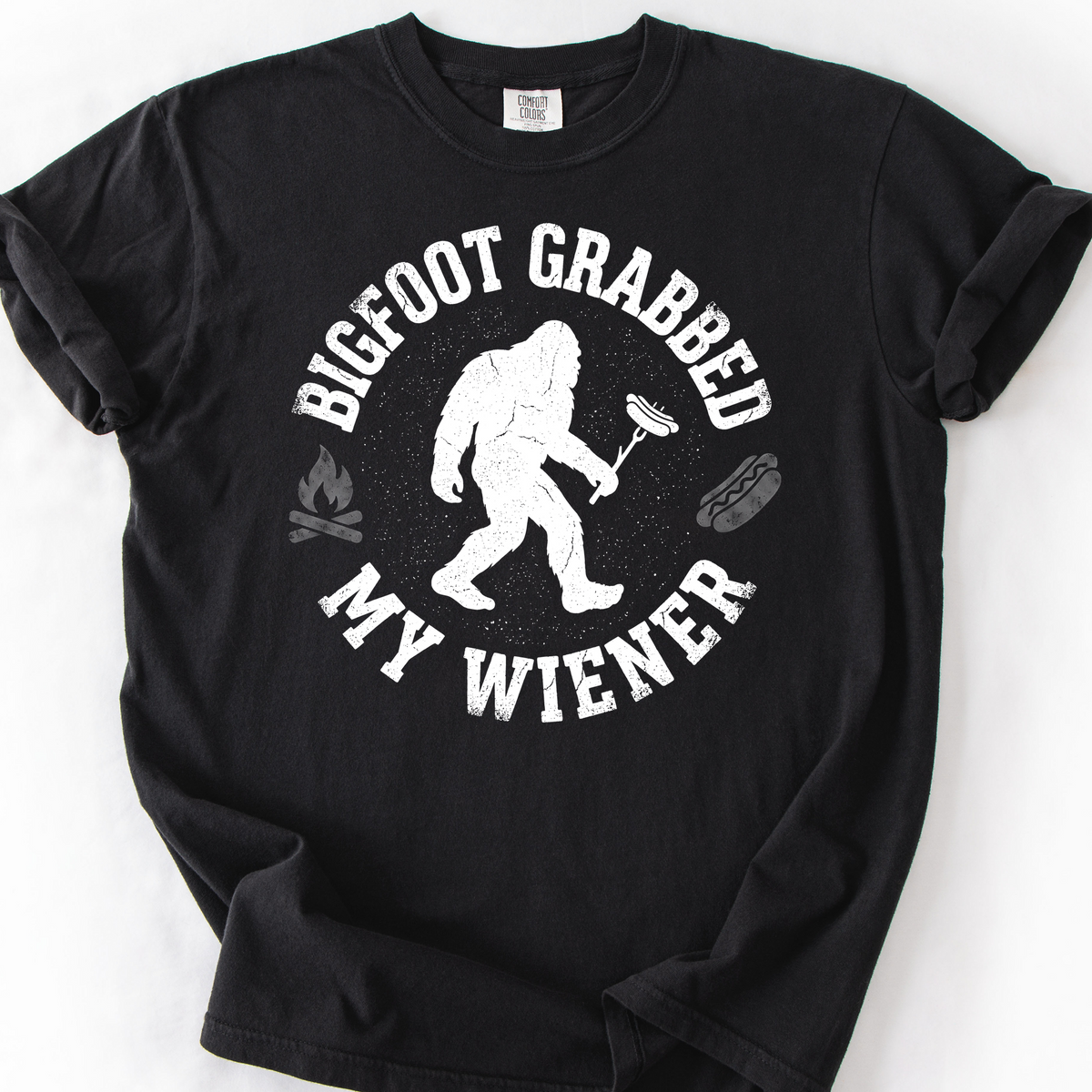Bigfoot Grabbed My Wiener (Varsity) T-Shirt — Black