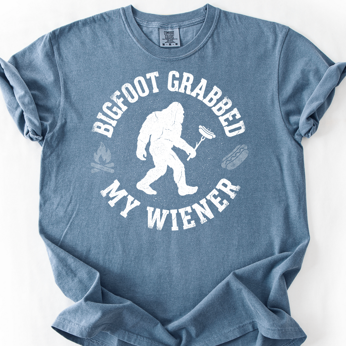 Bigfoot Grabbed My Wiener (Varsity) T-Shirt — Blue Jean