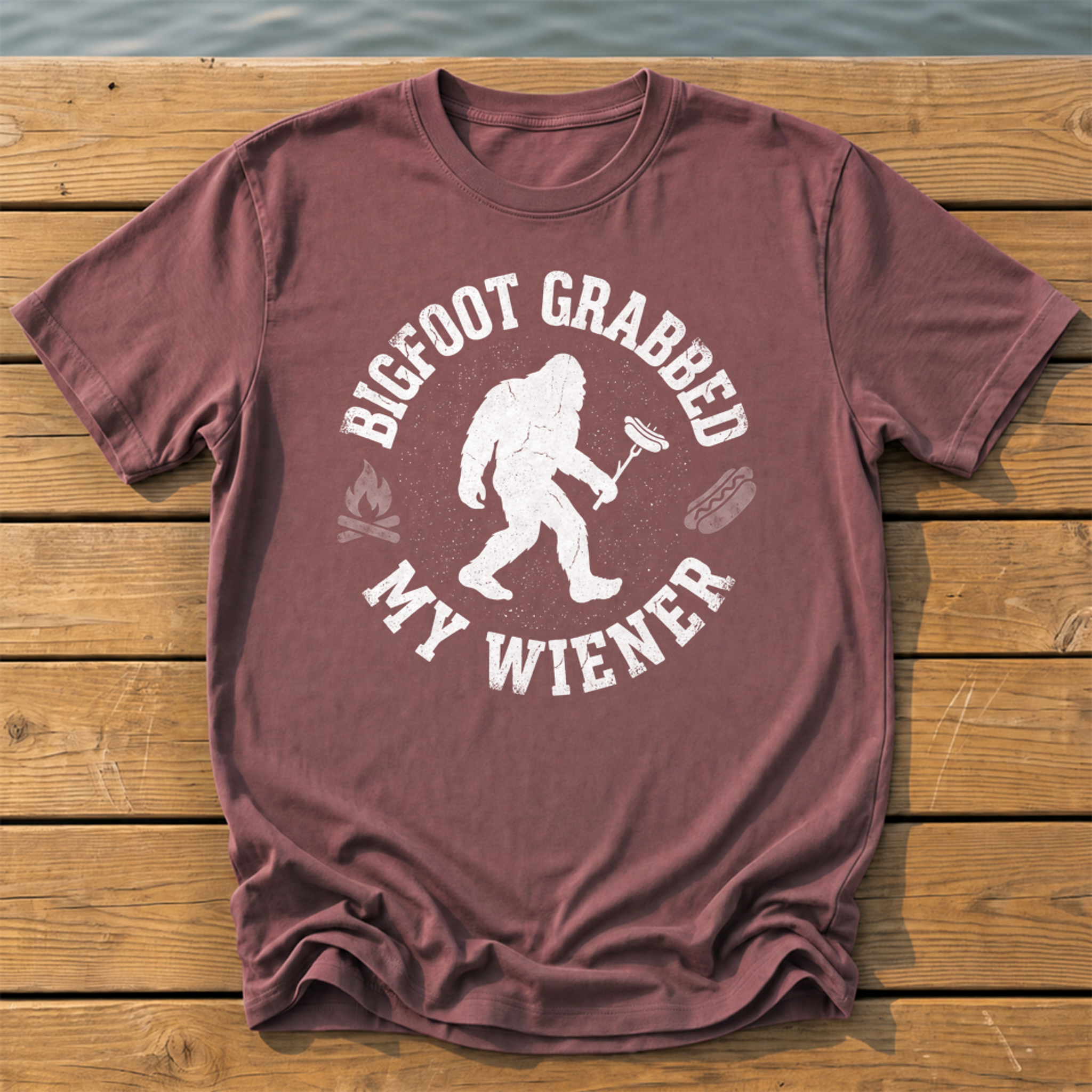 Bigfoot Grabbed My Wiener (Varsity) T-Shirt — Brick