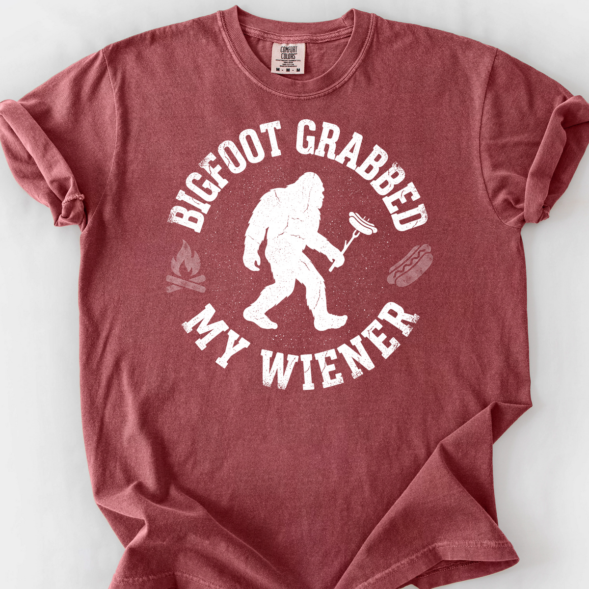 Bigfoot Grabbed My Wiener (Varsity) T-Shirt — Brick