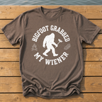 Bigfoot Grabbed My Wiener (Varsity) T-Shirt — Espresso