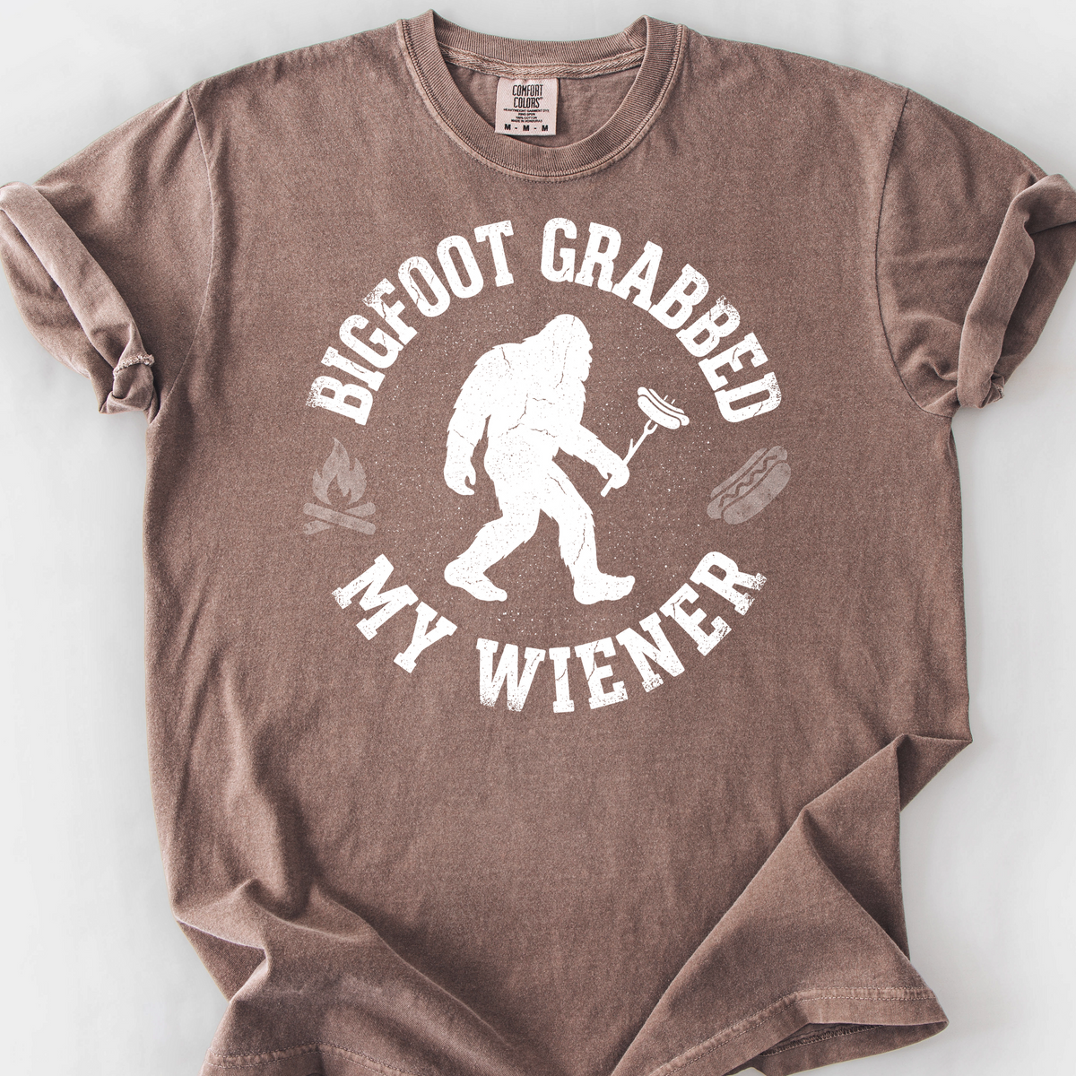 Bigfoot Grabbed My Wiener (Varsity) T-Shirt — Espresso