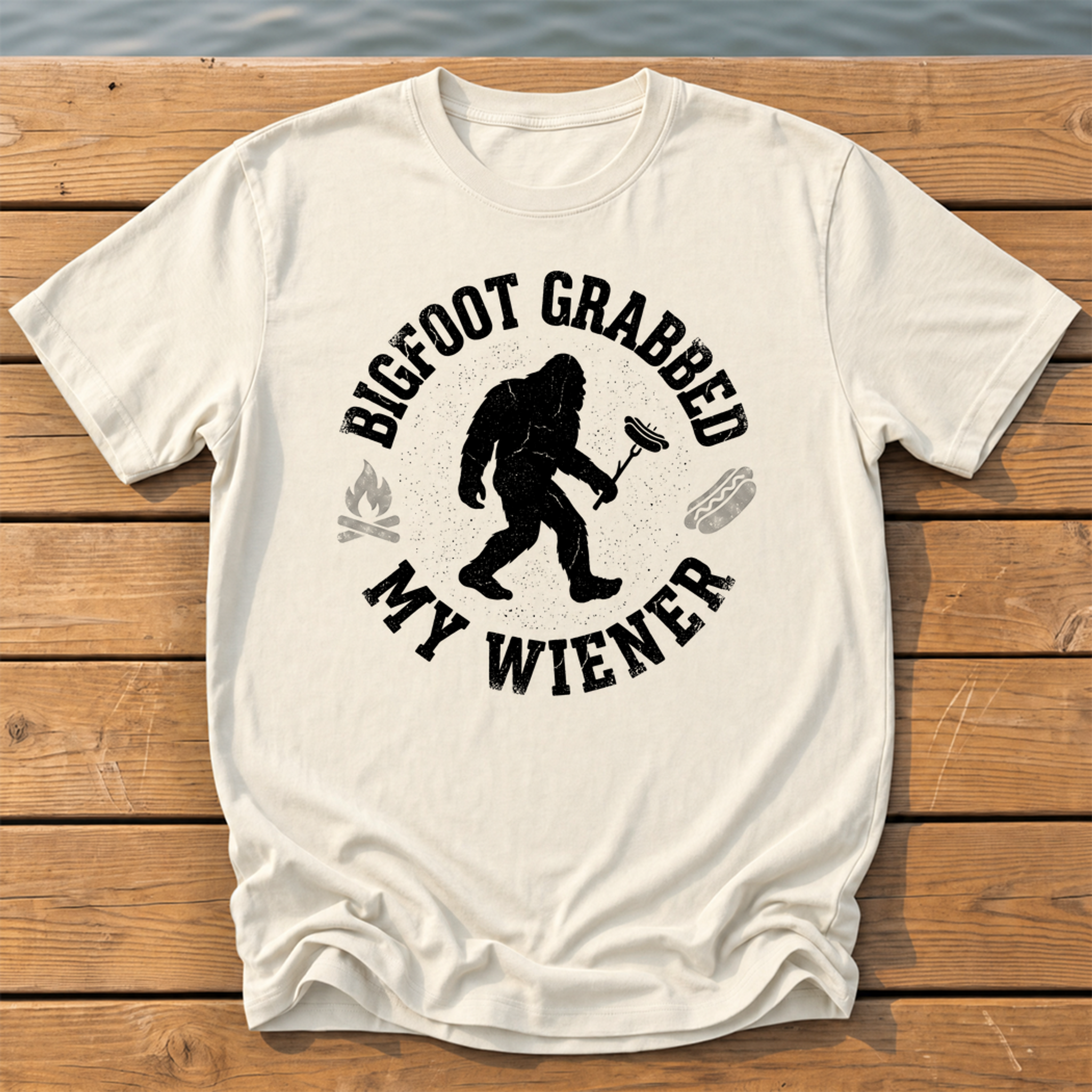 Bigfoot Grabbed My Wiener (Varsity) T-Shirt — Ivory