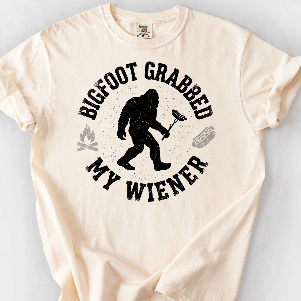 Bigfoot Grabbed My Wiener (Varsity) T-Shirt — Ivory