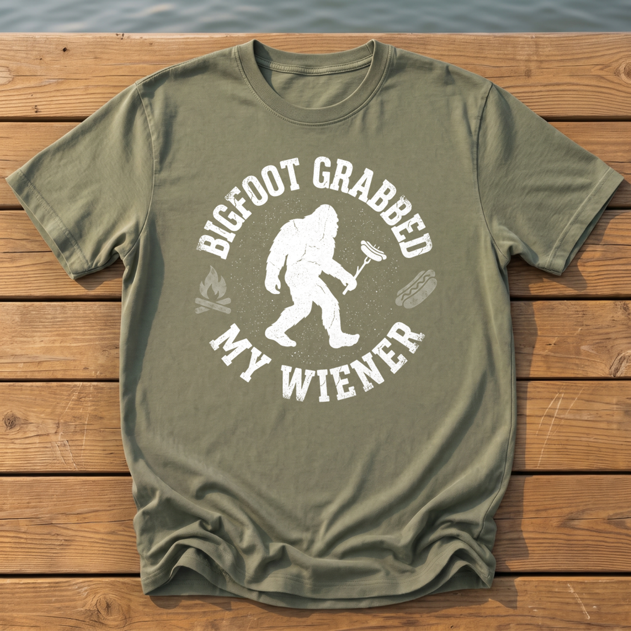 Bigfoot Grabbed My Wiener (Varsity) T-Shirt — Moss
