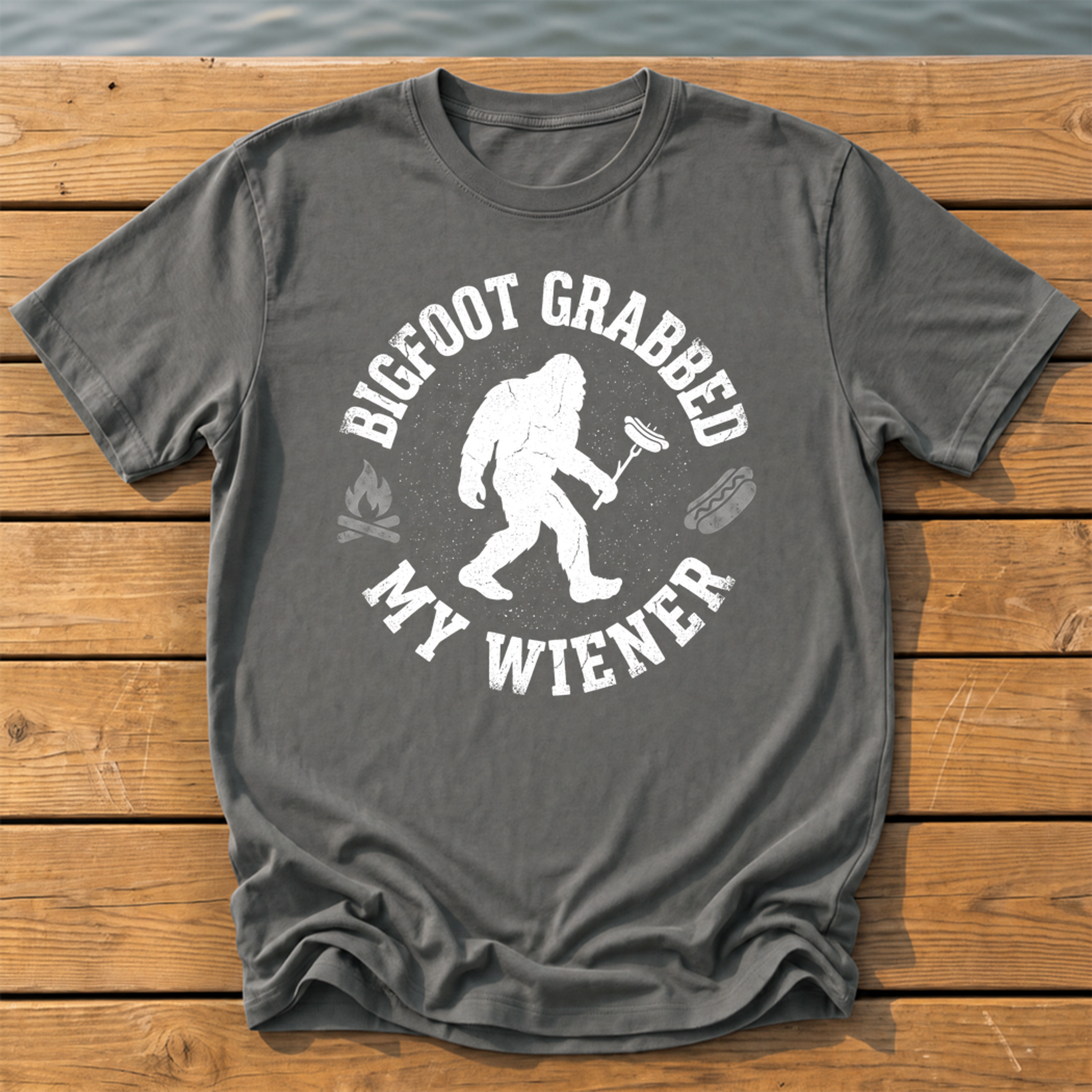 Bigfoot Grabbed My Wiener (Varsity) T-Shirt — Pepper
