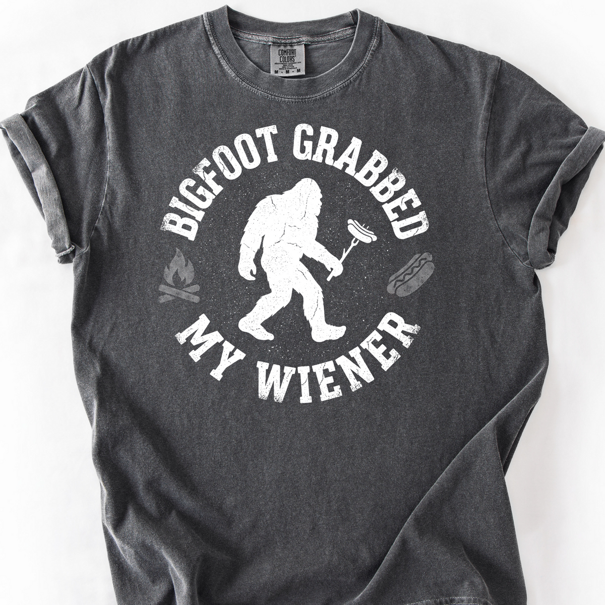 Bigfoot Grabbed My Wiener (Varsity) T-Shirt — Pepper