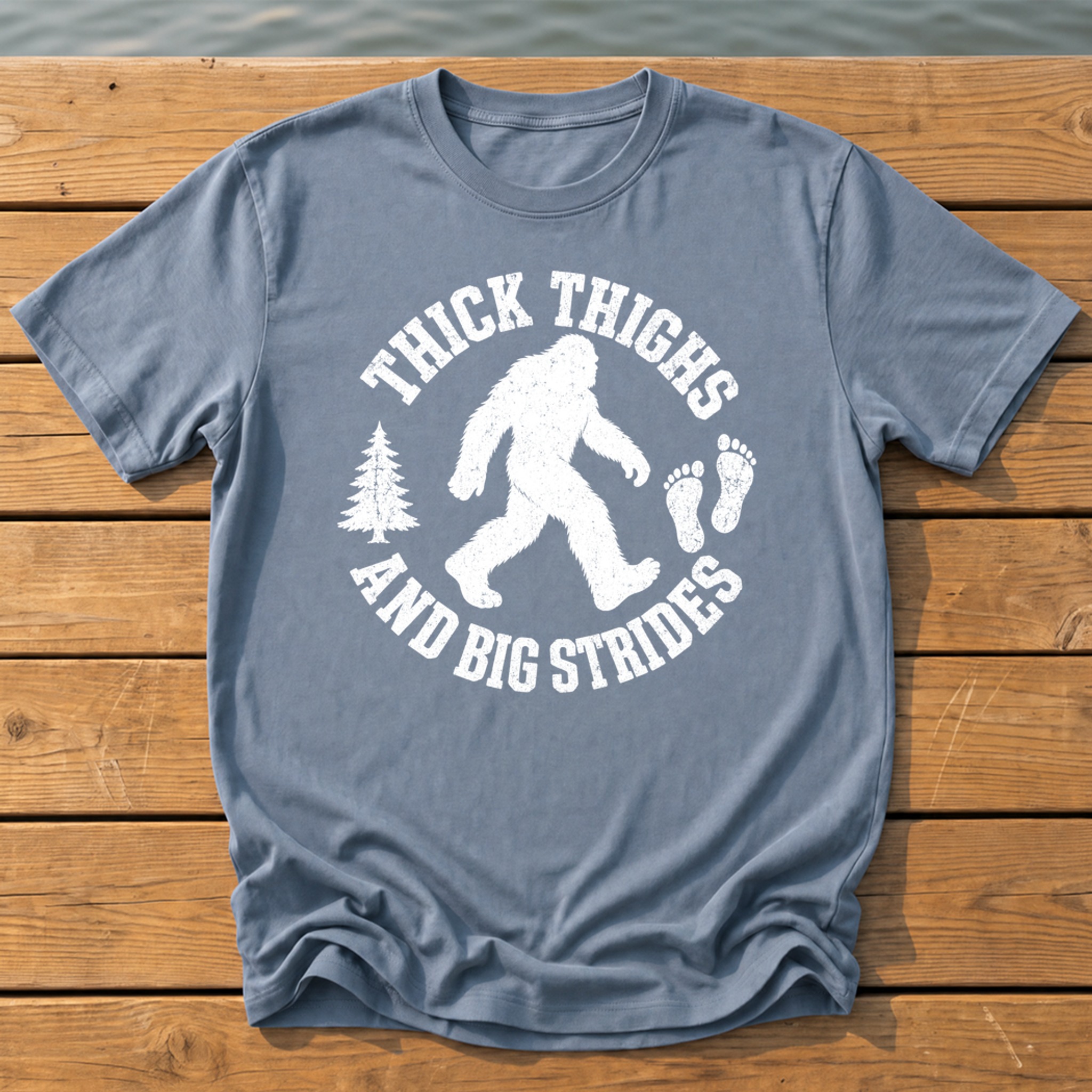 bigfoot thick thighs varsity badge T-Shirt — Blue Jean