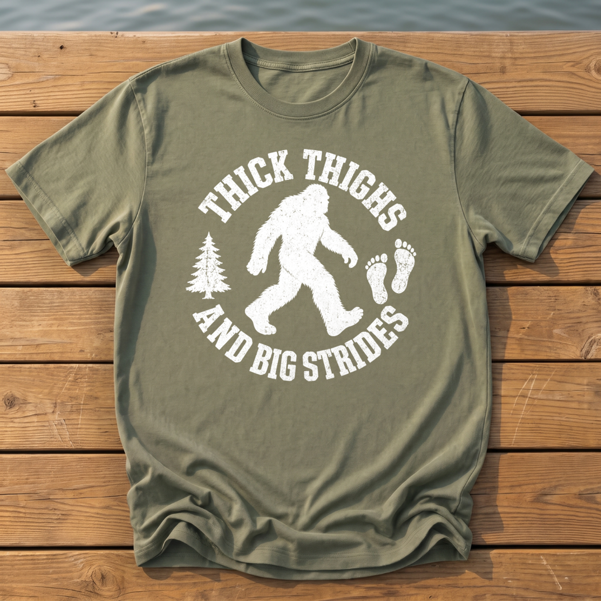 bigfoot thick thighs varsity badge T-Shirt — Moss