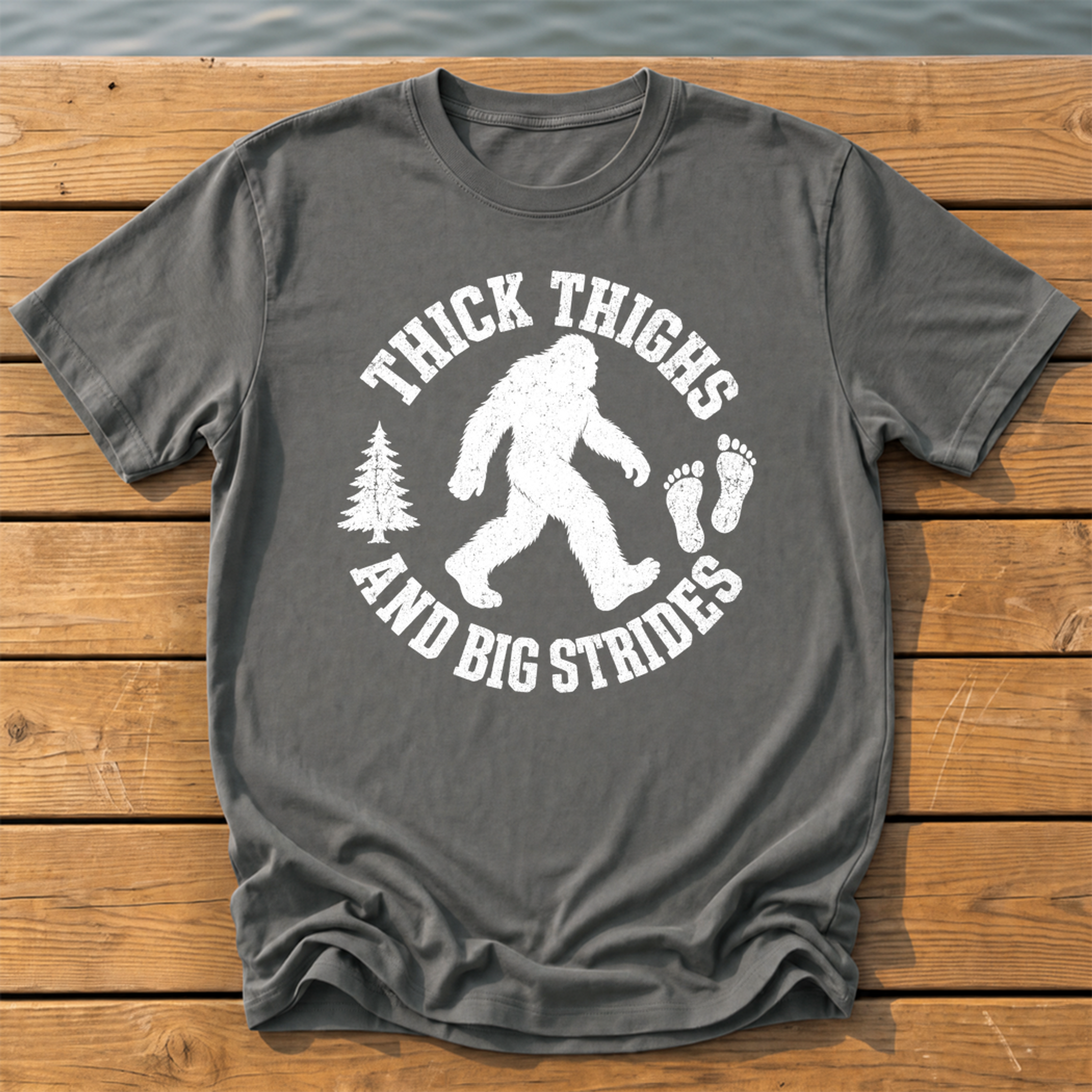 bigfoot thick thighs varsity badge T-Shirt — Pepper