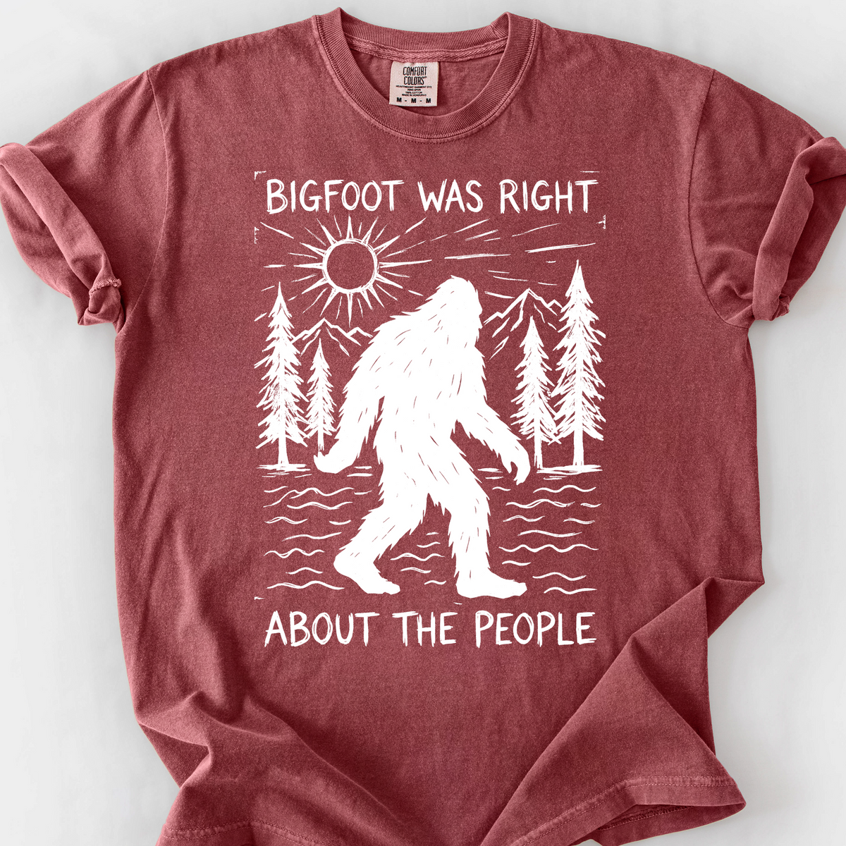 Bigfoot Was Right About the People (Linocut) T-Shirt — Brick