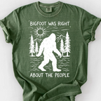 Bigfoot Was Right About the People (Linocut) T-Shirt — Moss