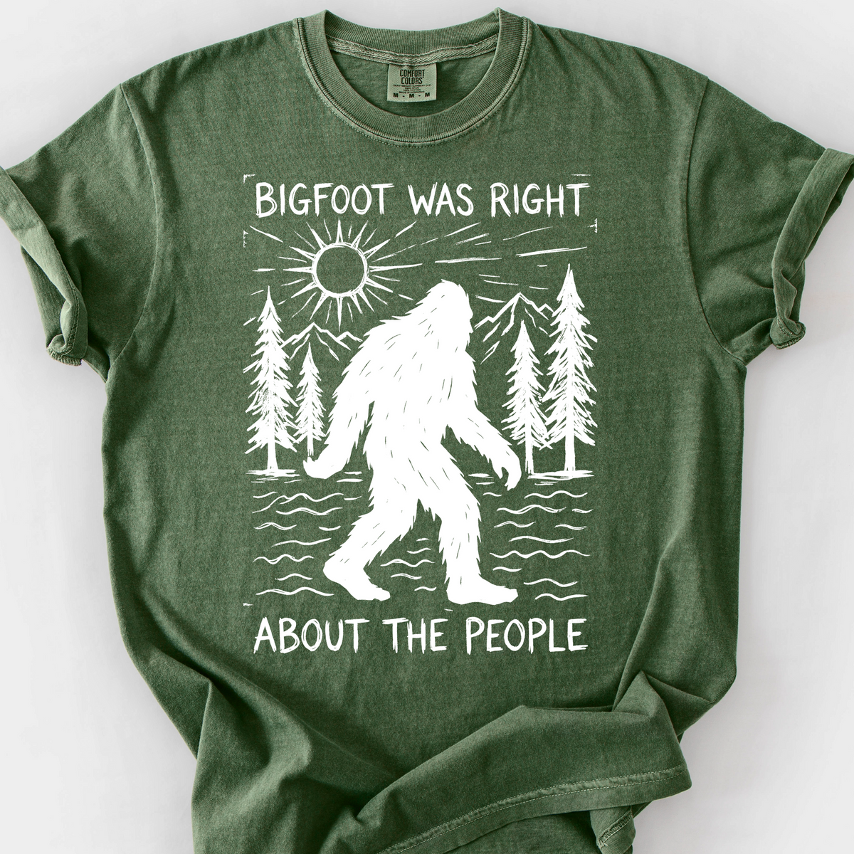 Bigfoot Was Right About the People (Linocut) T-Shirt — Moss