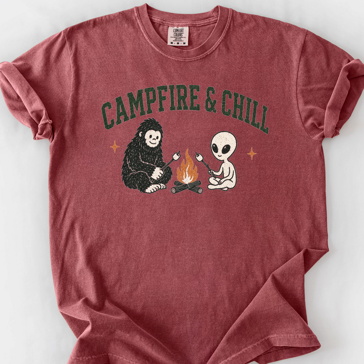 Campfire And Chill Bigfoot T-Shirt — Brick