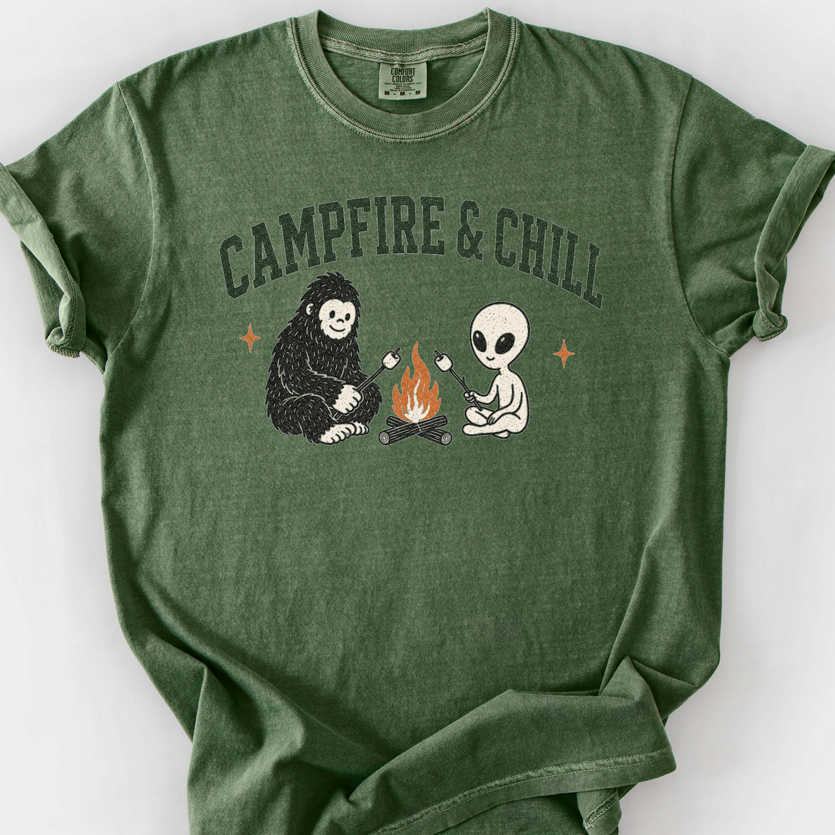 Campfire And Chill Bigfoot T-Shirt — Moss