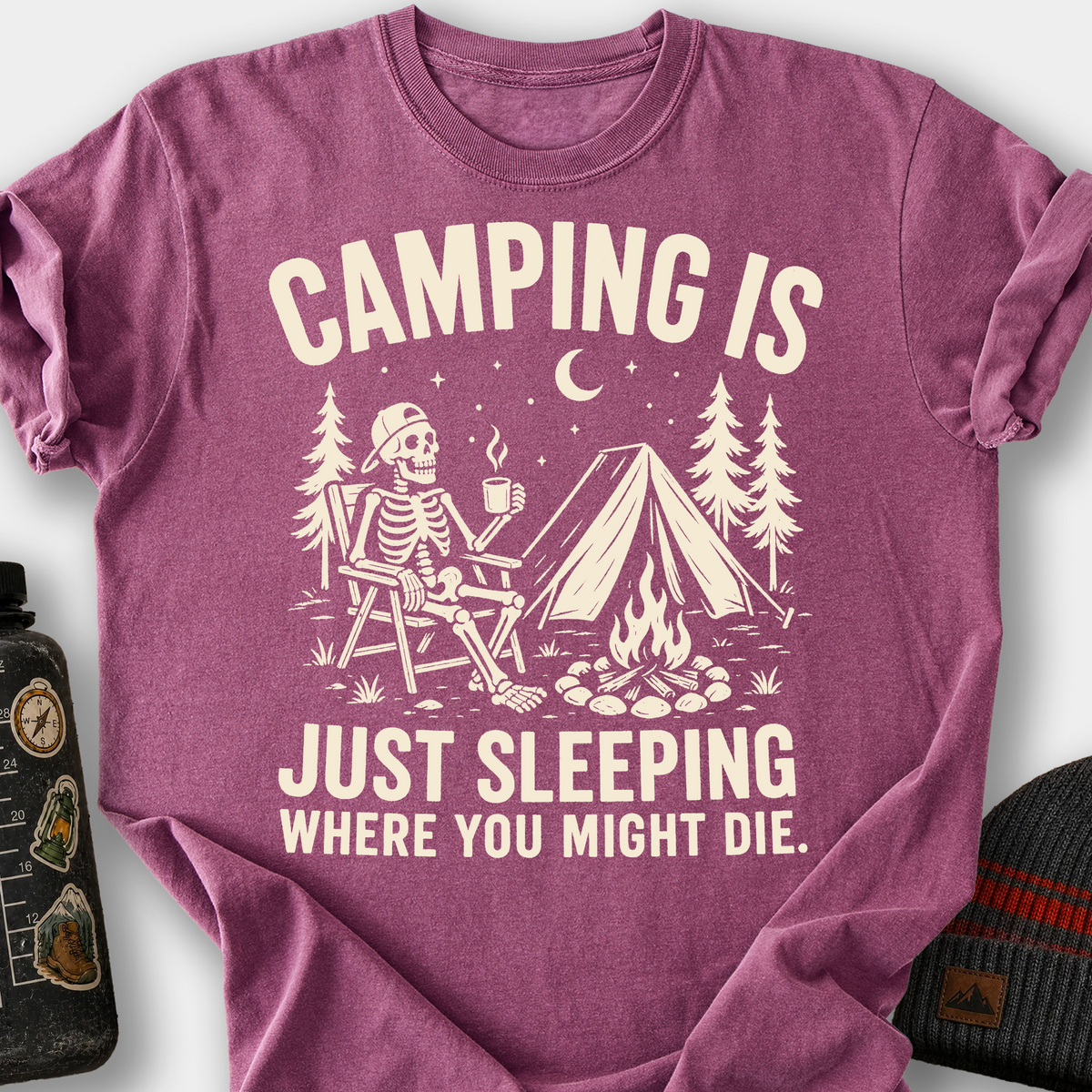 Camping Is Just Sleeping T-Shirt — Berry