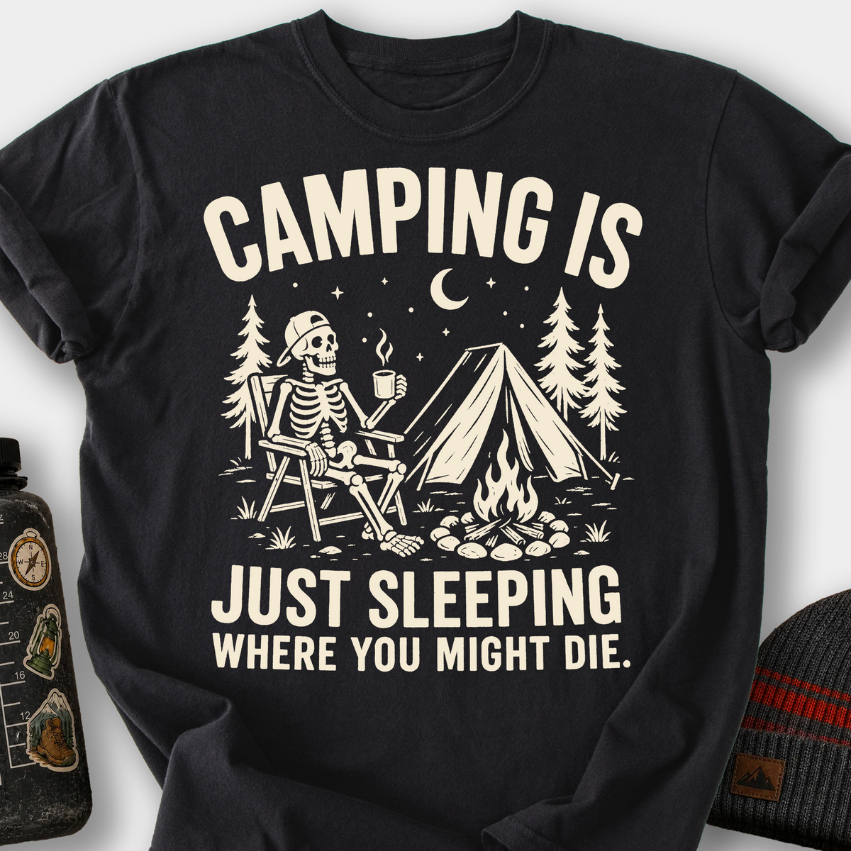 Camping Is Just Sleeping T-Shirt — Black