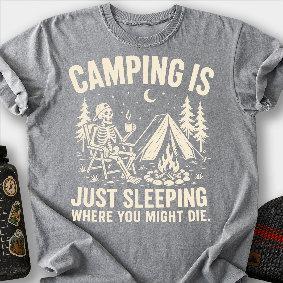 Camping Is Just Sleeping T-Shirt — Grey