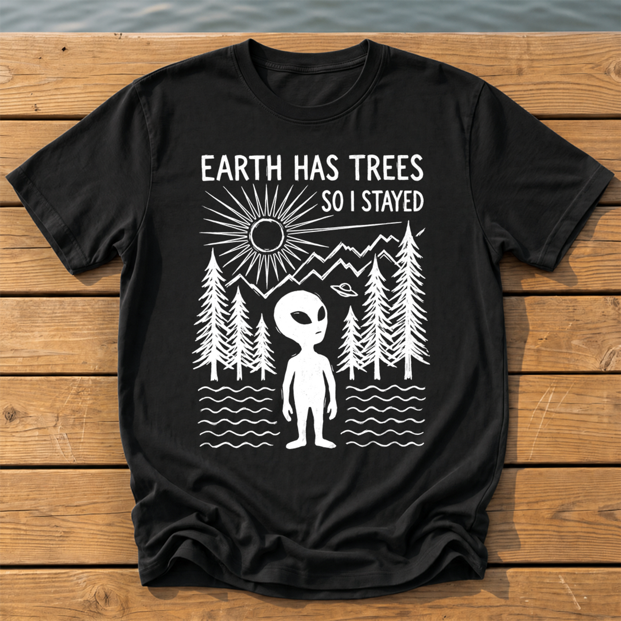 earth has trees so i stayed_rough brush linocut T-Shirt — Black