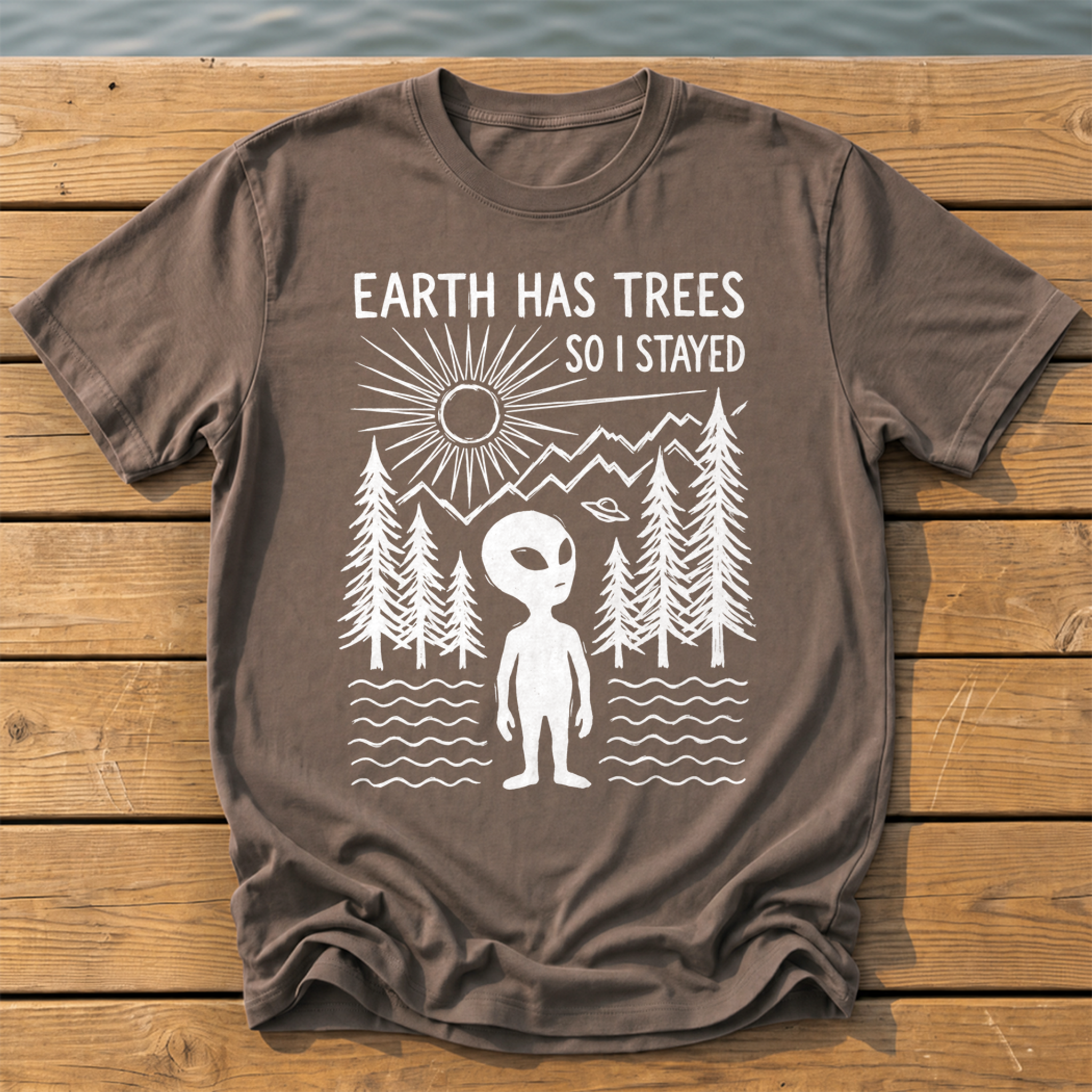 earth has trees so i stayed_rough brush linocut T-Shirt — Espresso