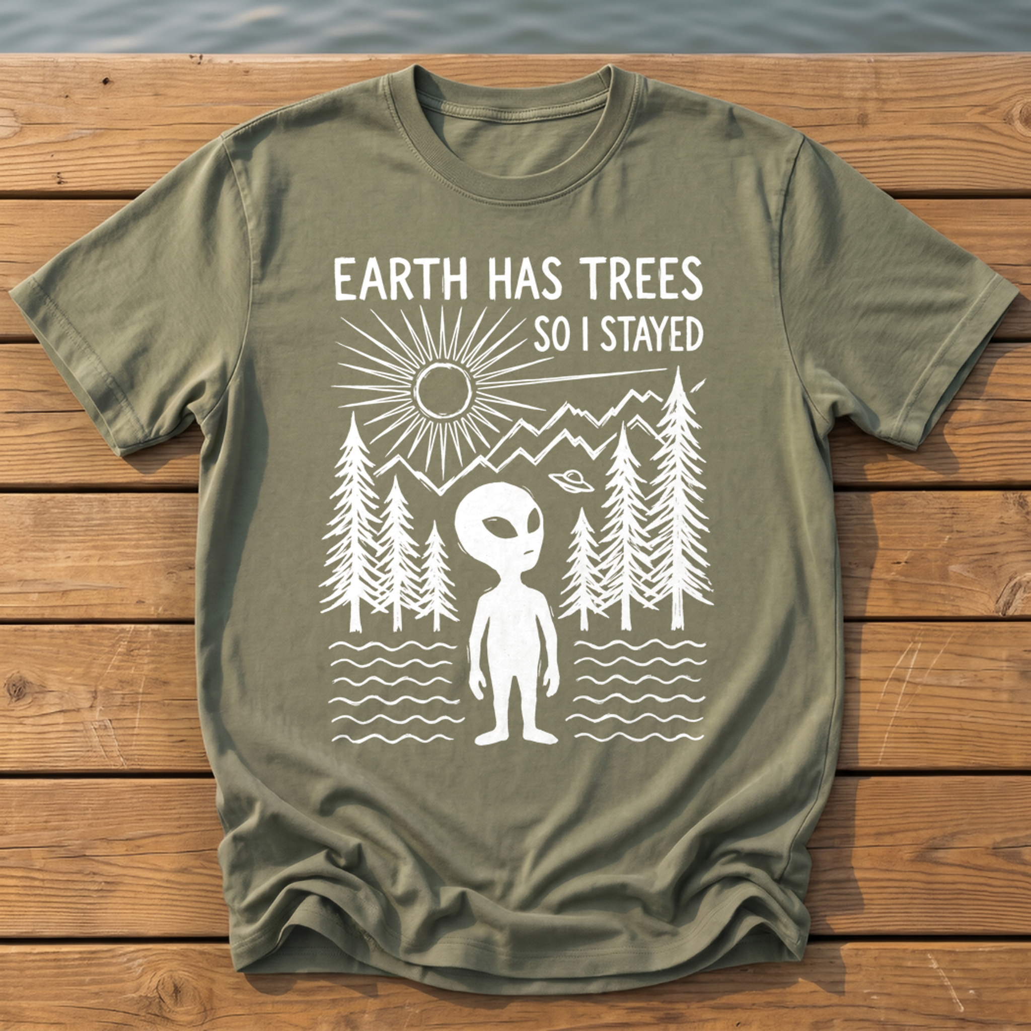 earth has trees so i stayed_rough brush linocut T-Shirt — Moss