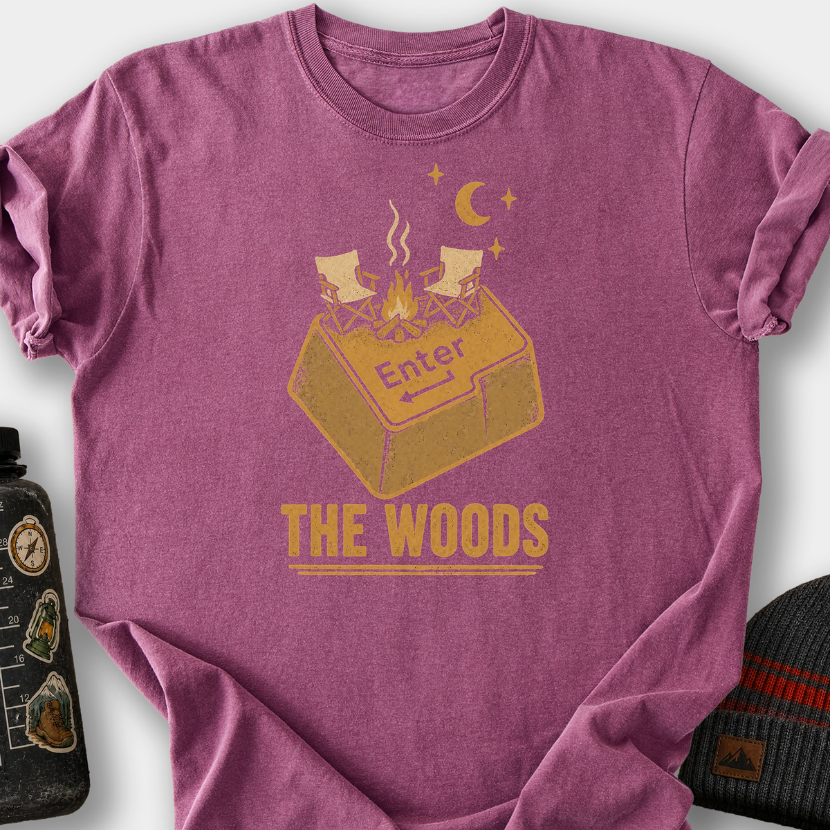Enter The Woods Campfire Key T-Shirt — Berry