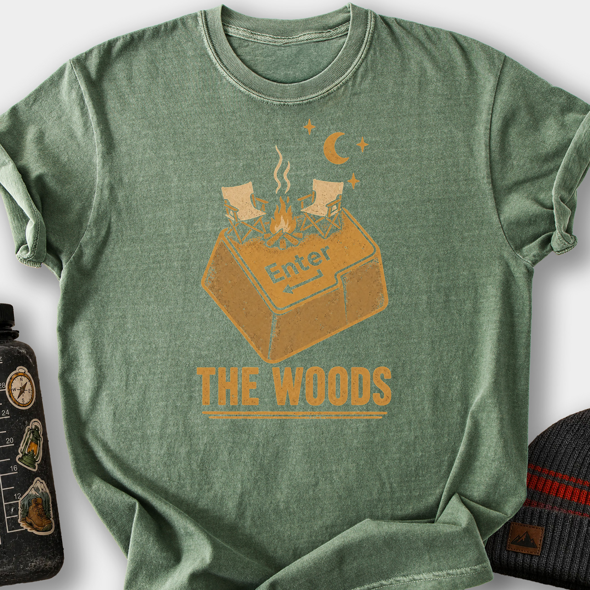 Enter The Woods Campfire Key T-Shirt — Moss