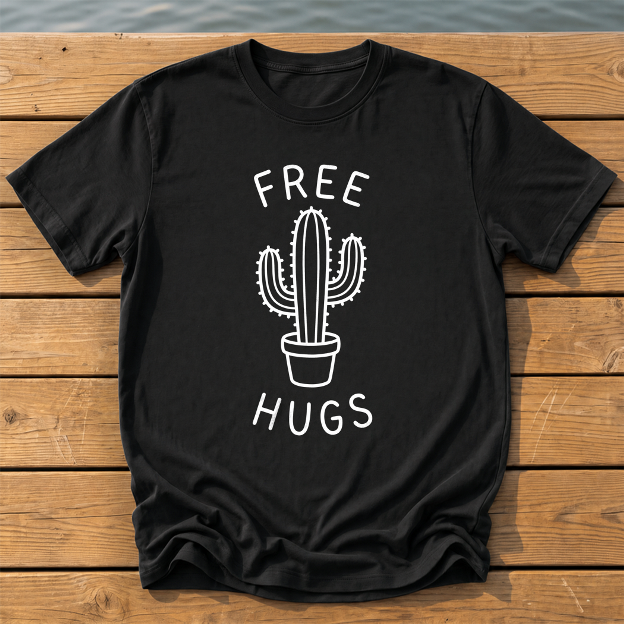 free hugs cactus handwritten marker dood T-Shirt — Black
