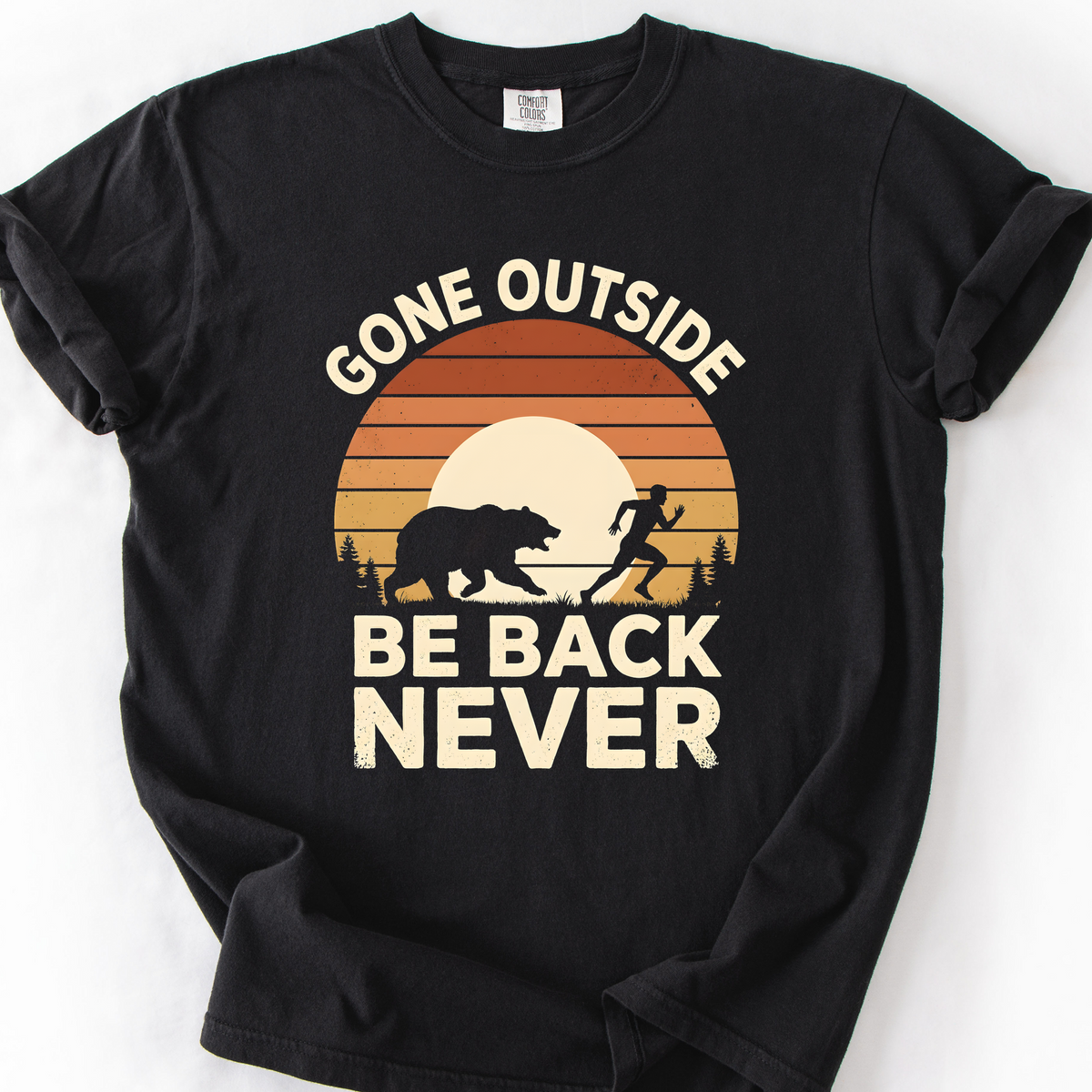 Gone Outside, Be Back Never (Sunset) T-Shirt — Black