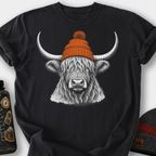 Highland Cow in a Beanie T-Shirt — Black