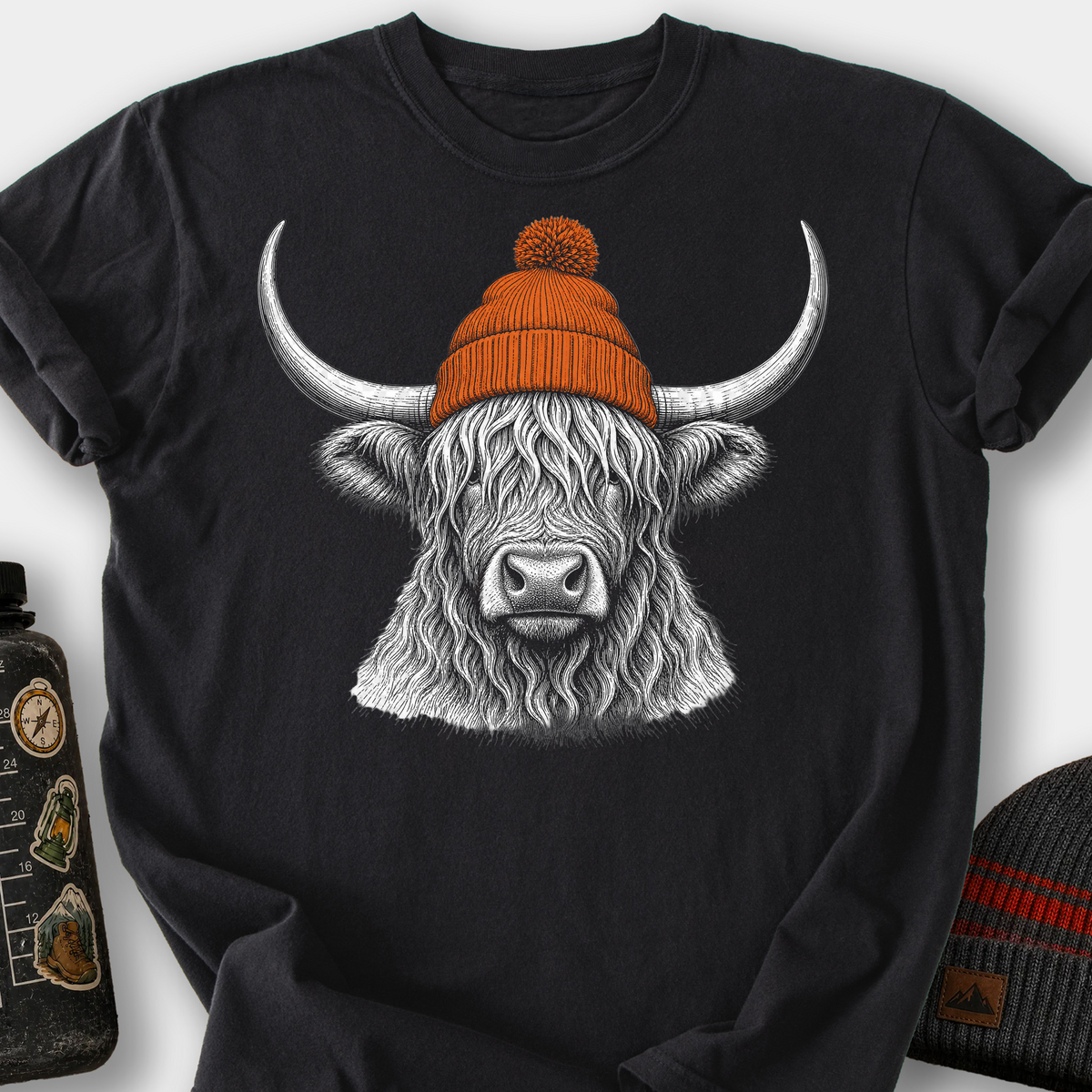 Highland Cow in a Beanie T-Shirt — Black